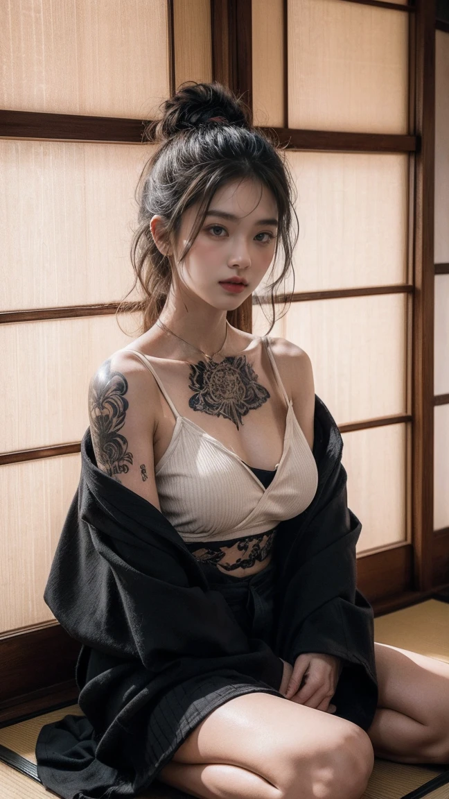Create a highly detailed of a young woman with short, tousled black hair, sitting cross-legged in a traditional Japanese wooden room. She has intricate tattoos covering her neck, chest, and arms, showcasing a mix of traditional and modern designs. She is wearing a striped kimono with a deep neckline, partially revealing her tattoos. Her expression is calm and focused, with a slight blush on her cheeks. The wooden interior, with soft natural light filtering through shoji screens, adds to the serene and contemplative atmosphere.