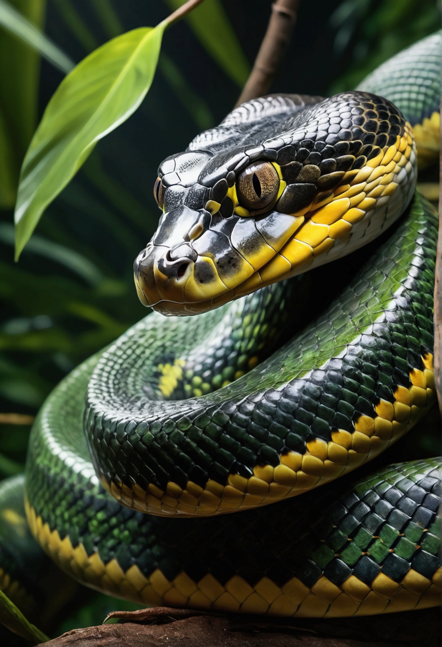 A majestic anaconda, coiled and powerful yet appearing friendly, (best quality,4k,8k,highres,masterpiece:1.2),ultra-detailed,(realistic,photorealistic,photo-realistic:1.37),HDR,UHD,studio lighting,ultra-fine painting,sharp focus,physically-based rendering,extreme detail description,professional,vivid colors,bokeh,photorealistic,highly detailed scales,detailed eyes,detailed head and face,intricate coils,lush tropical foliage,dramatic lighting,serene atmosphere