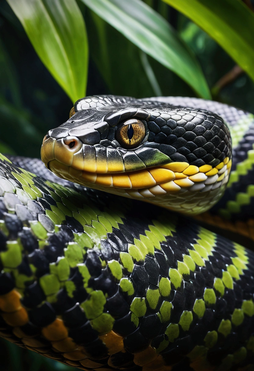 A majestic anaconda, coiled and powerful yet appearing friendly, (best quality,4k,8k,highres,masterpiece:1.2),ultra-detailed,(realistic,photorealistic,photo-realistic:1.37),HDR,UHD,studio lighting,ultra-fine painting,sharp focus,physically-based rendering,extreme detail description,professional,vivid colors,bokeh,photorealistic,highly detailed scales,detailed eyes,detailed head and face,intricate coils,lush tropical foliage,dramatic lighting,serene atmosphere