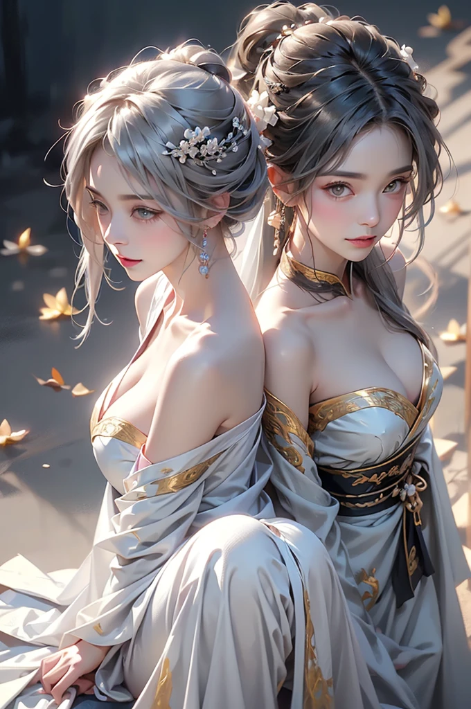 ((Above the knees image:1.3))super high quality, masterpiece, Perfect illustration, Very detailed (Exquisite light and shadow, Very dramatic photo,Backlight) , ((Gray Hair:1.5))1 Girl,(( alone:1.6)), (Wearing Han clothes, Black Hanfu,Monotony,Long sleeve、Gorgeous costumes、Highly decorated Hanfu) Flower Field, Flowers, (White smoke:1.3) (Realistic:1.4), Zen Intertwining, Tangled, Official Art, unity 8k wallpaper, Very detailed, Beautiful and beautiful, masterpiece, Highest quality, (Dynamic Angle: 1.4), Glowing Skin, (Floating colorful flashes: 1) The most beautiful chaotic shapes, elegant, Brutalist Design, Bright colors, Romantic Depth of Field Exotic_dance, half_naked、Expose your shoulders、Ample breasts、Great cleavage、Dynamic pose、Backlight,((from back side))