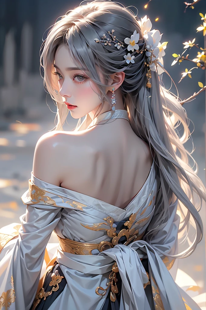 ((Above the knees image:1.3))super high quality, masterpiece, Perfect illustration, Very detailed (Exquisite light and shadow, Very dramatic photo,Backlight) , ((Gray Hair:1.5))1 Girl,(( alone:1.6)), (Wearing Han clothes, Black Hanfu,Monotony,Long sleeve、Gorgeous costumes、Highly decorated Hanfu) Flower Field, Flowers, (White smoke:1.3) (Realistic:1.4), Zen Intertwining, Tangled, Official Art, unity 8k wallpaper, Very detailed, Beautiful and beautiful, masterpiece, Highest quality, (Dynamic Angle: 1.4), Glowing Skin, (Floating colorful flashes: 1) The most beautiful chaotic shapes, elegant, Brutalist Design, Bright colors, Romantic Depth of Field Exotic_dance, half_naked、Expose your shoulders、Ample breasts、Great cleavage、Dynamic pose、Backlight,((from back side))