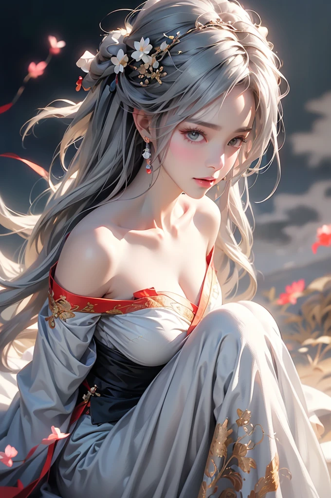 ((Above the knees image:1.3))super high quality, masterpiece, Perfect illustration, Very detailed (Exquisite light and shadow, Very dramatic photo,Backlight) , ((Gray Hair:1.5))1 Girl,(( alone:1.6)), (Wearing Han clothes, Black Hanfu,Monotony,Long sleeve、Gorgeous costumes、Highly decorated Hanfu) Flower Field, Flowers, (White smoke:1.3) (Realistic:1.4), Zen Intertwining, Tangled, Official Art, unity 8k wallpaper, Very detailed, Beautiful and beautiful, masterpiece, Highest quality, (Dynamic Angle: 1.4), Glowing Skin, (Floating colorful flashes: 1) The most beautiful chaotic shapes, elegant, Brutalist Design, Bright colors, Romantic Depth of Field Exotic_dance, half_naked、Expose your shoulders、Ample breasts、Great cleavage、Dynamic pose、Backlight,((from back side))
