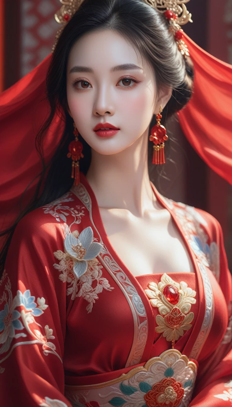 Close-up of a woman wearing a red dress and dia, palace , A girl wearing Hanfu, ((beautiful fantasy queen)), beautiful fantasy queen, beautiful figure painting, Guvez, artwork in the style of Guvez, Chinese, Popular topics on cgstation, ancient chinese princess, Inspired by Lan Ying, chinese princess