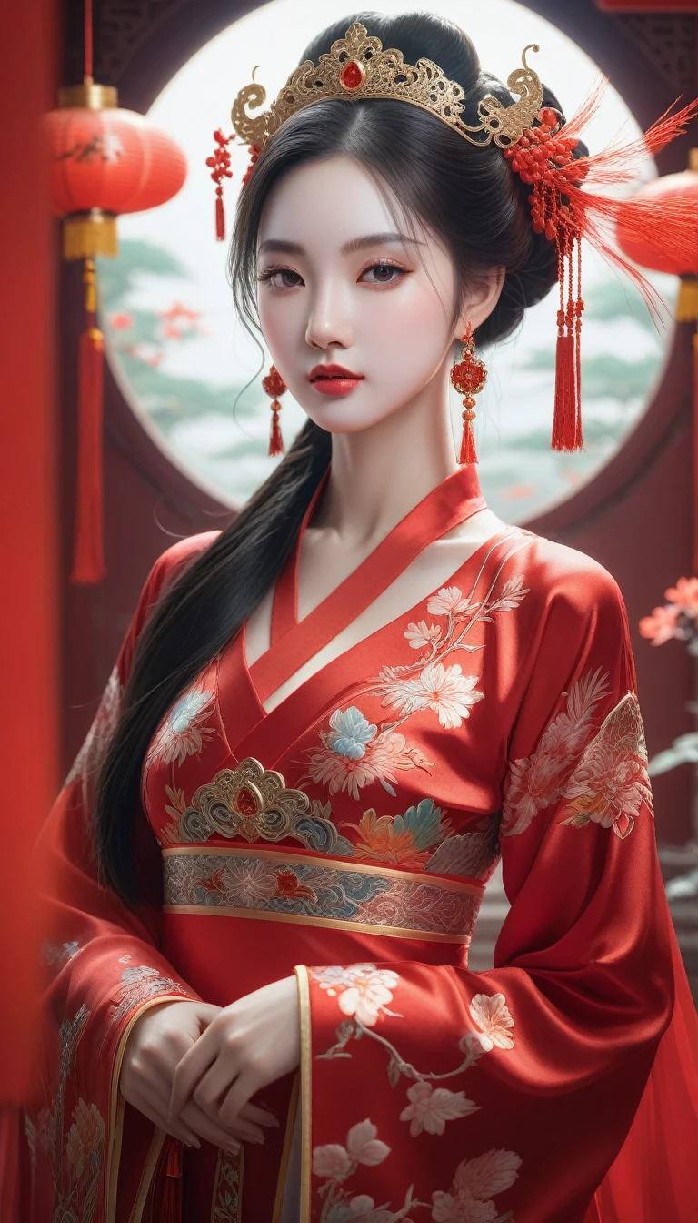 Close-up of a woman wearing a red dress and dia, palace , A girl wearing Hanfu, ((beautiful fantasy queen)), beautiful fantasy queen, beautiful figure painting, Guvez, artwork in the style of Guvez, Chinese, Popular topics on cgstation, ancient chinese princess, Inspired by Lan Ying, chinese princess