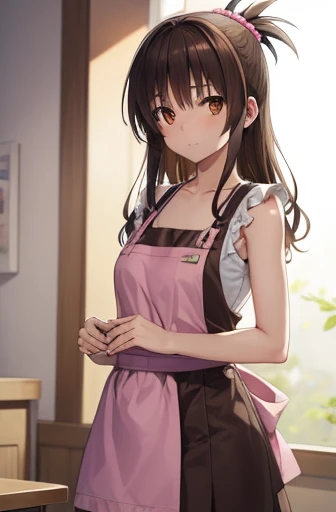 masterpiece, best quality, highres, aatsubone, long hair, one side up, hair ribbon, pink ribbon, brown eyes, <lora:hatsume_no tsubone_v1:0.6>, naked apron, indoors,