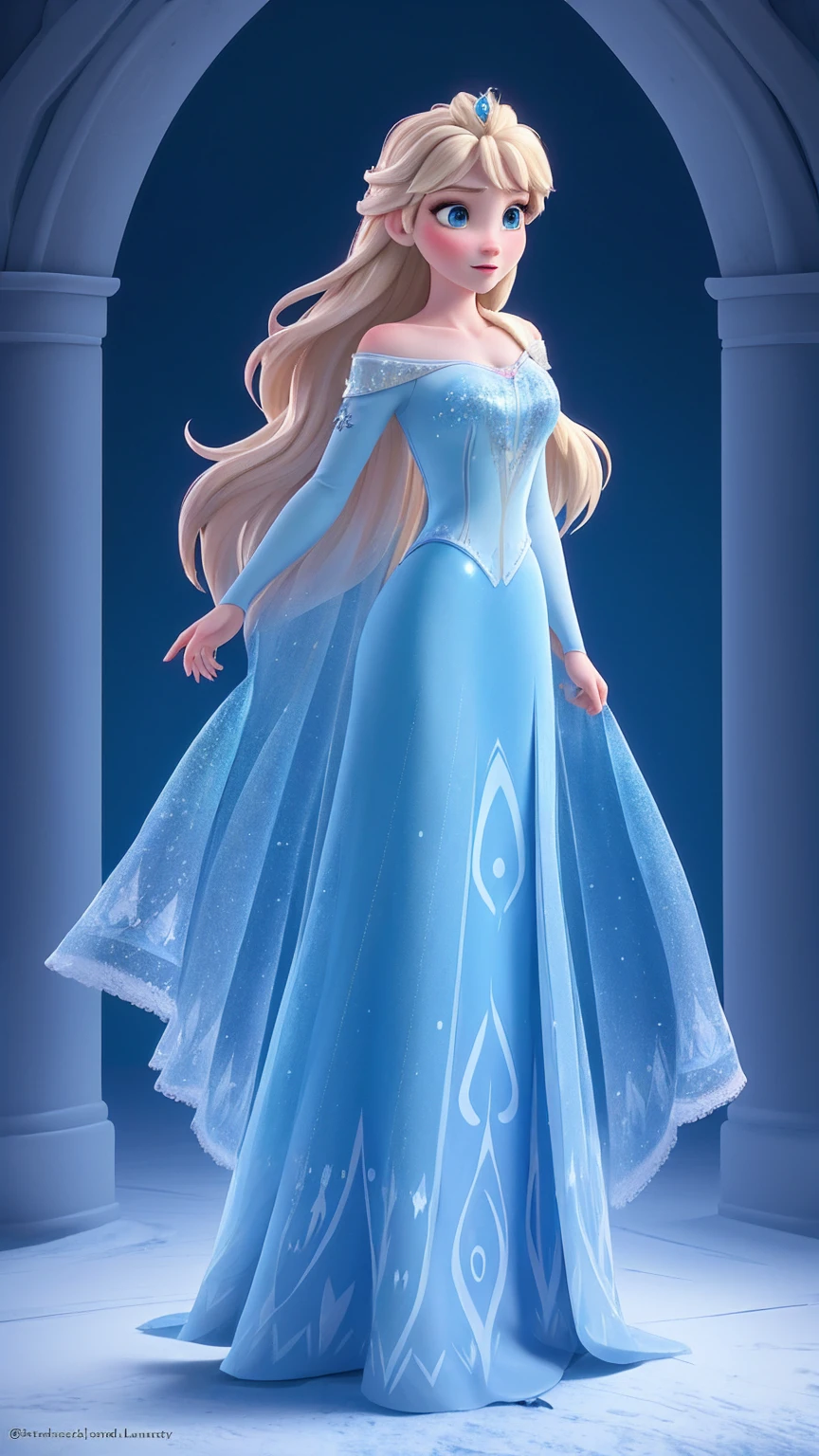 (((full body photo))) 2 girl, ​masterpiece, 3d, best qualityer, frozen, Dysney, princess anna,blonde long hair,blue drees