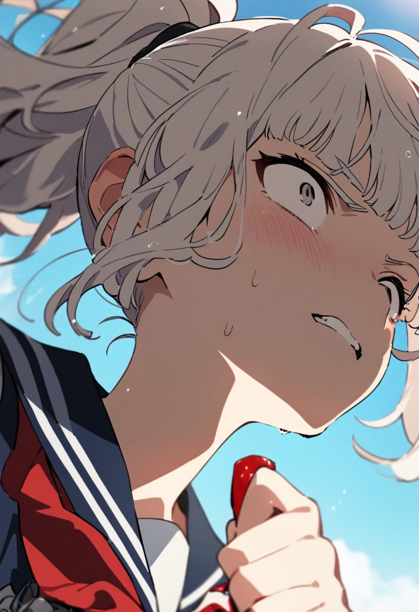 the summer hikaru died, very detailed face, sailor uniform, white haired girl with wavy hair high ponytail and split bangs, scary expression, wiping blood off lip, low angle, portrait, pov, best quality, masterpiece