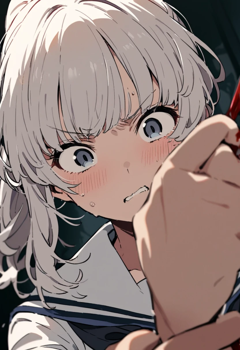 the summer hikaru died, very detailed face, sailor uniform, white haired girl with wavy hair high ponytail and split bangs, scary expression, wiping blood off lip, low angle, portrait, pov, best quality, masterpiece