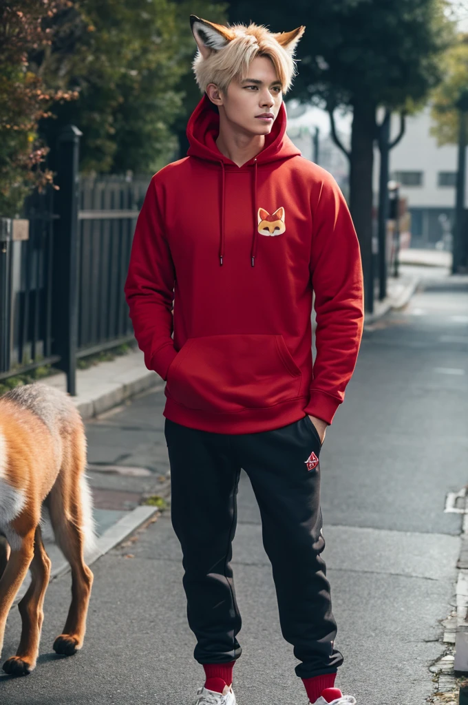 fox boy,Red collar,4K resolution,Hoodie outfit,