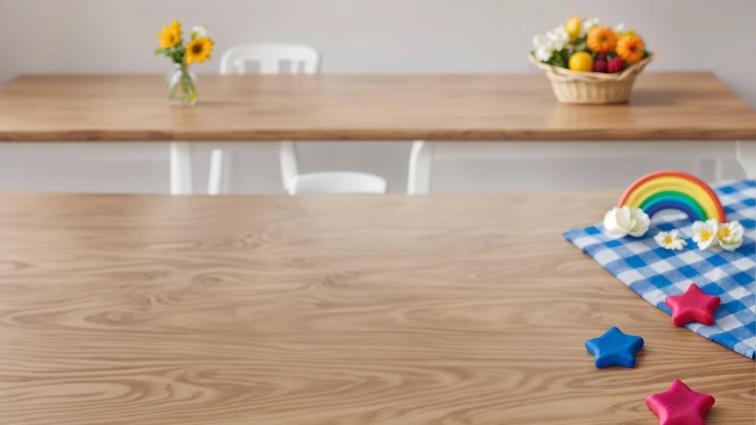 on a wooden table. there is a white plate. on the table there is a BLUE checkered tablecloth, there are STAR candies on the table next to them, ON THE TABLECLOTH IS A RAINBOW MADE OF POLYMER CLAY. against the background of the kitchen, Fruit basket, vase with Flowers, Basket with berries . Beautiful light from the window, contour light, Multiple light sources, beautiful sunlight, Bright light source, bright lighting, beautiful light sources, Multiple light sources, Realistic style , realistic texture, detailed texture, a high resolution, high quality