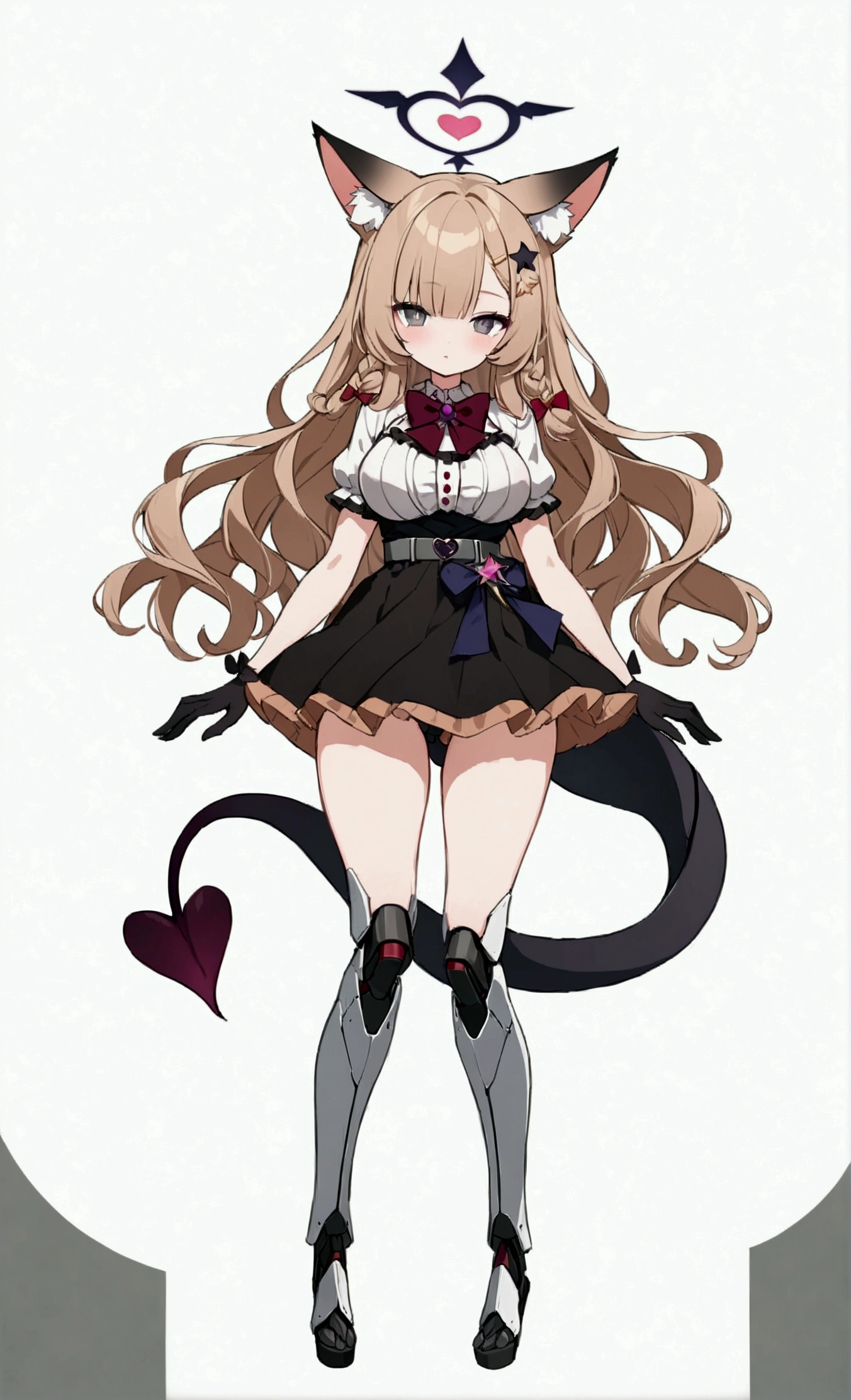 Woman 170cm tall, big chest, wide hip, charming look, (dark blonde hair), ((hip length loose wavy hair, asymmetrical bangs, star hairpin in hair)), (a short braid on the left and right side of the hair above the breasts), ((Gray eyes with a pink 4-pointed star in the pupil)), (two black fox ears located on the top of the head), (black halo with luminous purple on the head), ((It has a small black succubus tail that ends in the shape of a Vinotinto heart)), (((It has complex mechanical legs that reach up to the thighs., The legs are dark gray with small burgundy and black details))), (elegant thigh-length one-piece dress, small Vinotinto bowtie on the neck of the dress, white bust with vertical black lines, ruffles in the middle of the bust, ruffled skirt, short sleeves with ruffles, ribbon decorations on the dress), elegant Vinotinto gloves with white ruffles, Black platform heels, (gray belt at the waist with a large ribbon with a luminous pink heart in the middle), black necklace with a heart pendant on the neck, (((character design sheet: front view))), ((whole body)), extremely detailed beautiful hair, beautiful detailed dress, extremely detailed arms, extremely detailed face, (Extremely detailed hands), perfect hands, small face, Beautiful detailed eyes, beautiful detailed lips, adorable, extremely detailed legs, (Best Quality, 8k, high resolution), ultra detailed, Exquisite and epic character art, ((White background)), (Focus on symmetry), (beautiful detailed succubus tail), (only one woman in the picture).