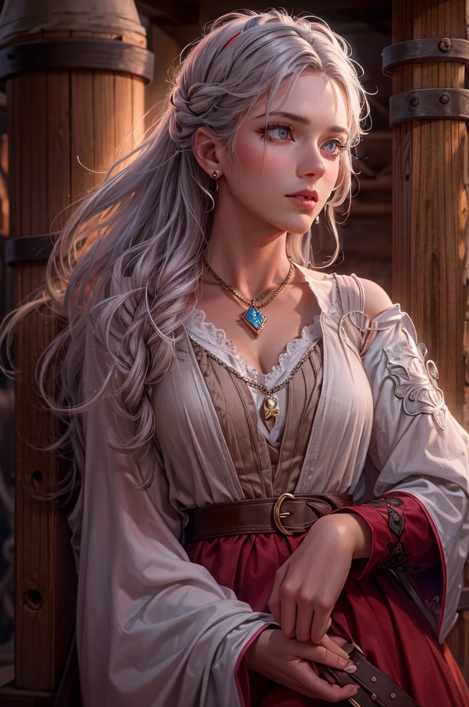 a highly detailed, photorealistic 8K image of a beautiful young woman with long, curvy, messy silver hair and ruby color eyes, set in a fantasy old and small tavern, red and white peasant tunic, high leather boots, (dawning light), pink hue cheek, (gentle expression), award winning, high resolution, ((set in medieval))