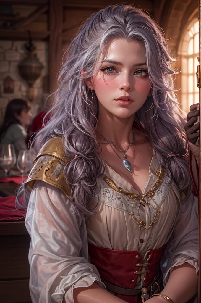a highly detailed, photorealistic 8K image of a beautiful young woman with long, curvy, messy silver hair and ruby eyes, set in a fantasy bistro scene, award winning, high resolution