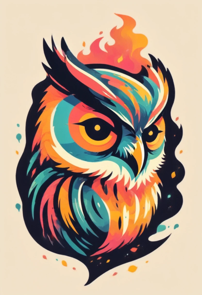 Create an illustration on owl type monster with fire, mask type, colorful tattoo design, logo type, t-shirt design, pastel painting type, deep border, clear lines, bright lights, high contrast and sharpness,