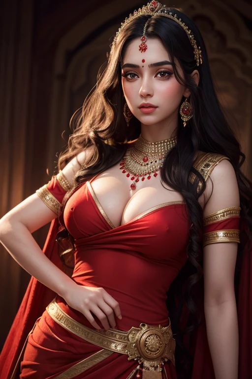 a beautiful indian princess, 1 girl, wearing a red dress, pale skin, long black wavy hair, sweaty, hot, large breasts, detailed face, detailed eyes, detailed lips, ultra-detailed, 8k, high resolution, photorealistic, vibrant colors, dramatic lighting, cinematic composition, fantasy art