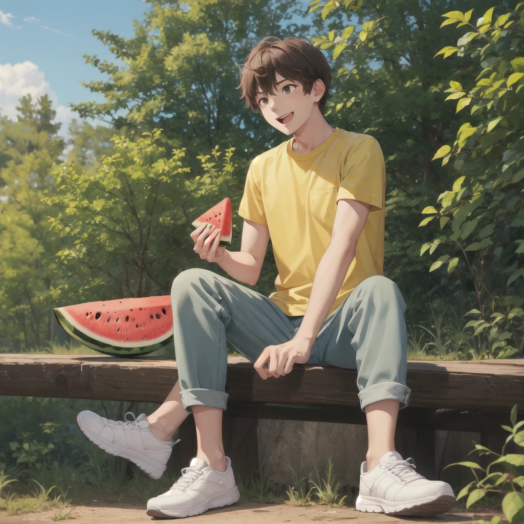 masterpiece, best quality, 1boy, solo,eating,holding watermelon, male focus,yellow shirt, brown hair, shirt, pants, holding, open mouth, sitting, smile, short sleeves, white footwear,sky,forest, dog,(more Cut Watermelon:1.2),