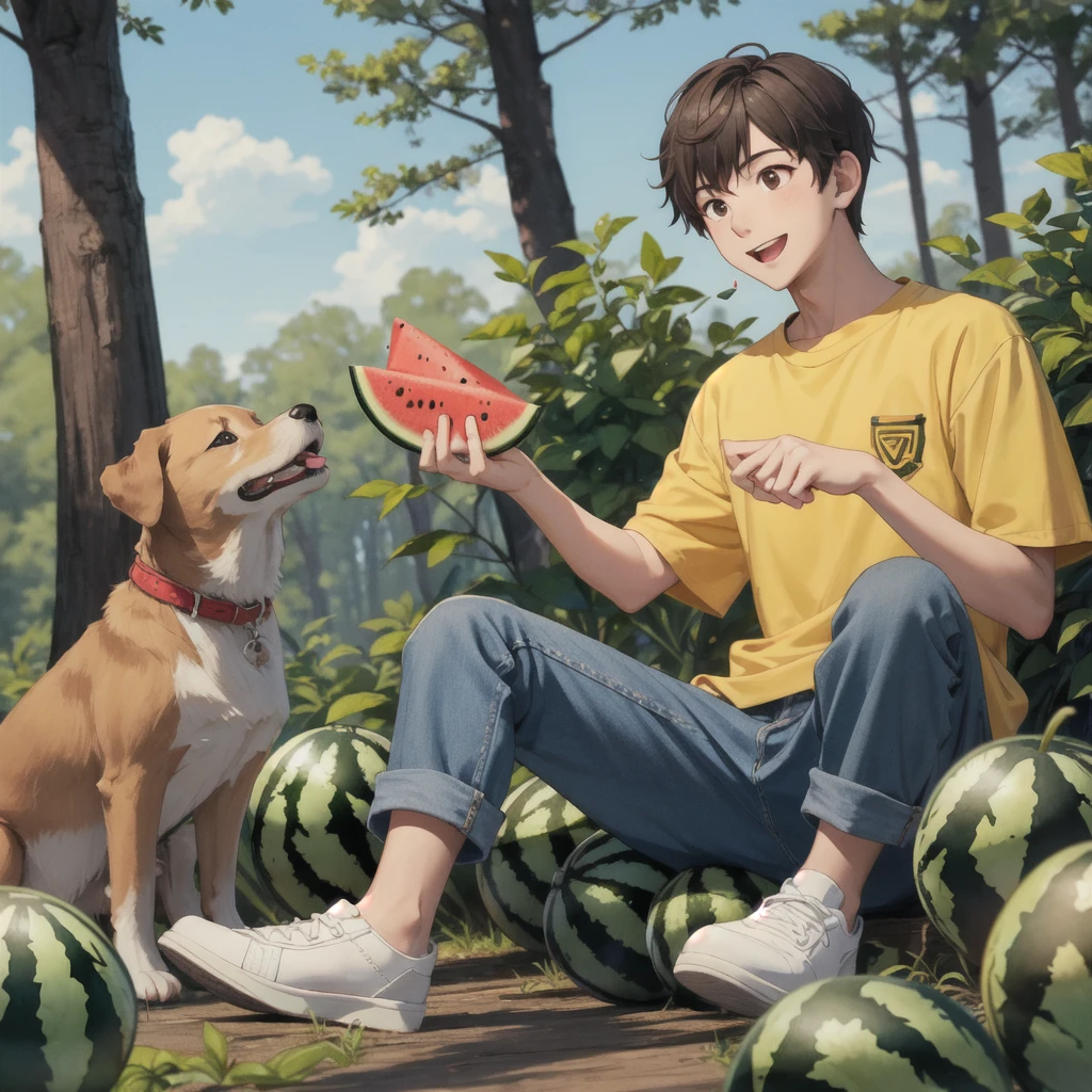 masterpiece, best quality, 1boy, solo,eating,holding watermelon, male focus,yellow shirt, brown hair, shirt, pants, holding, open mouth, sitting, smile, short sleeves, white footwear,sky,forest, dog,(more Cut Watermelon:1.2),