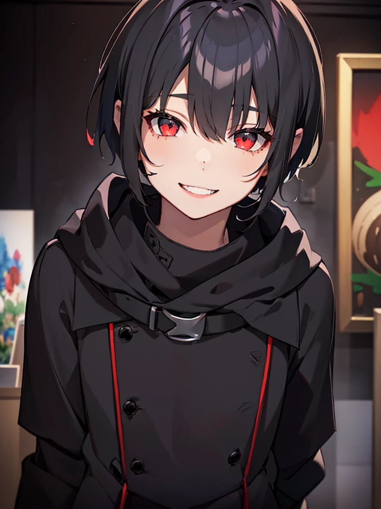 A young man with short black hair below his ears, red eyes, black clothes and looking straight ahead with a wide smile, happy to see the love of his life (Neutral colors: 1.2), (HDR: 1.4), (Soft colors:1.2), hyperdetailed, (art station:1.4), cinematographic, warm lights, dramatic light, (intricate details:1.1), complex background, (rutkowski:0.66), (blue and orange:0.4)