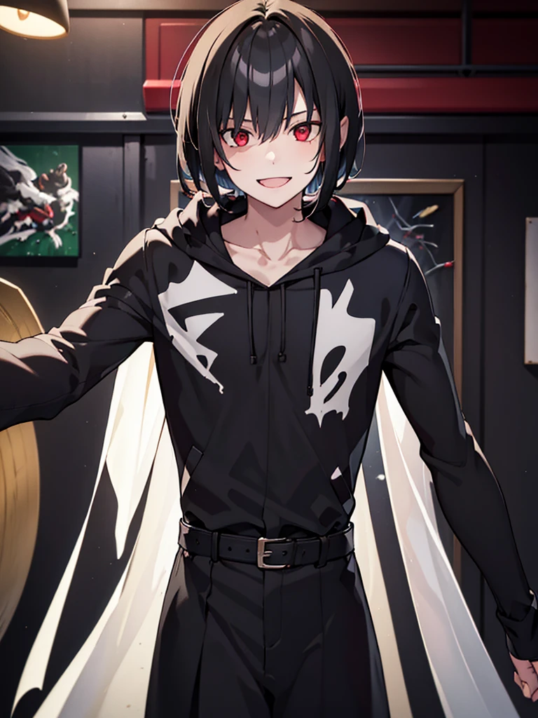 A young man with short black hair below his ears, red eyes, black clothes and looking straight ahead with a wide smile, happy to see the love of his life (Neutral colors: 1.2), (HDR: 1.4), (Soft colors:1.2), hyperdetailed, (art station:1.4), cinematographic, warm lights, dramatic light, (intricate details:1.1), complex background, (rutkowski:0.66), (blue and orange:0.4)