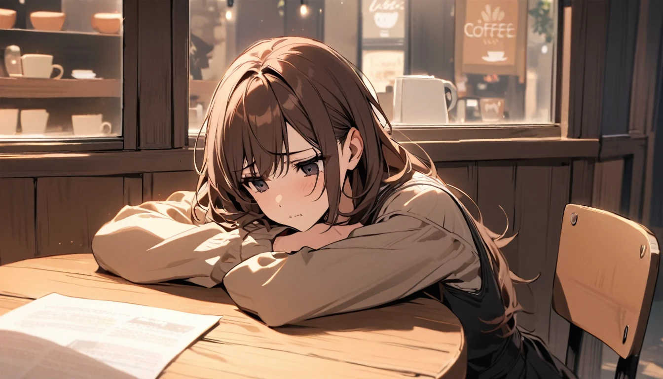 Beautiful and cute,single,long brown hair,beautiful black eyes,Sitting slumped at the table, looking out the window.,Make a sad face,At the coffee shop atmosphere table