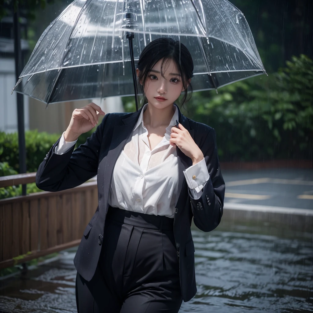 Beautiful woman getting wet in the rain、Wet shirt、A beauty without an umbrella、typhoon、Get wet without an umbrella、Beautiful woman in the rain、雨で濡れたBeautyOL、Detailed face、Realistic、beautiful girl、Beauty、Office Lady Uniform、beauty、Beautiful woman、Narrow waist、Handsome woman、Tight pants look、suit、Sexy pose、タイトなsuitパンツ、雨で濡れたsuit、Wet shirt、See-through shirt、Shot in heavy rain、See-through underwear