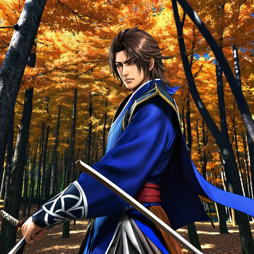 Ultra detailed, Highres, absurdres, HDR, Date Masamune, brown medium length hair, hair between the eyes, brown eye, black eye patch, Sengoku basara, petals, handsome, 1 man only, forest, blue clothes