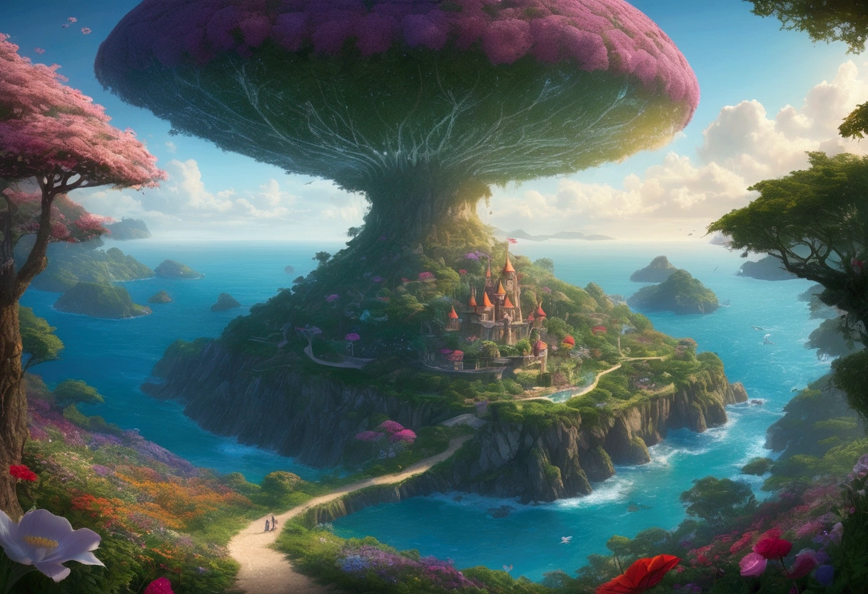 Mysterious Island, The fairy queen stands on a large flower, A hundred fairies are flying over the flower garden behind her, In the further distance, we see a forest with various trees in bloom. To the left and right of the forest is the ocean., Ultra-Wide Angle, panorama, wide shot, atmospheric perspective, masterpiece, accurate, textured skin, high details, high quality, best quality, photo, photorealistic,