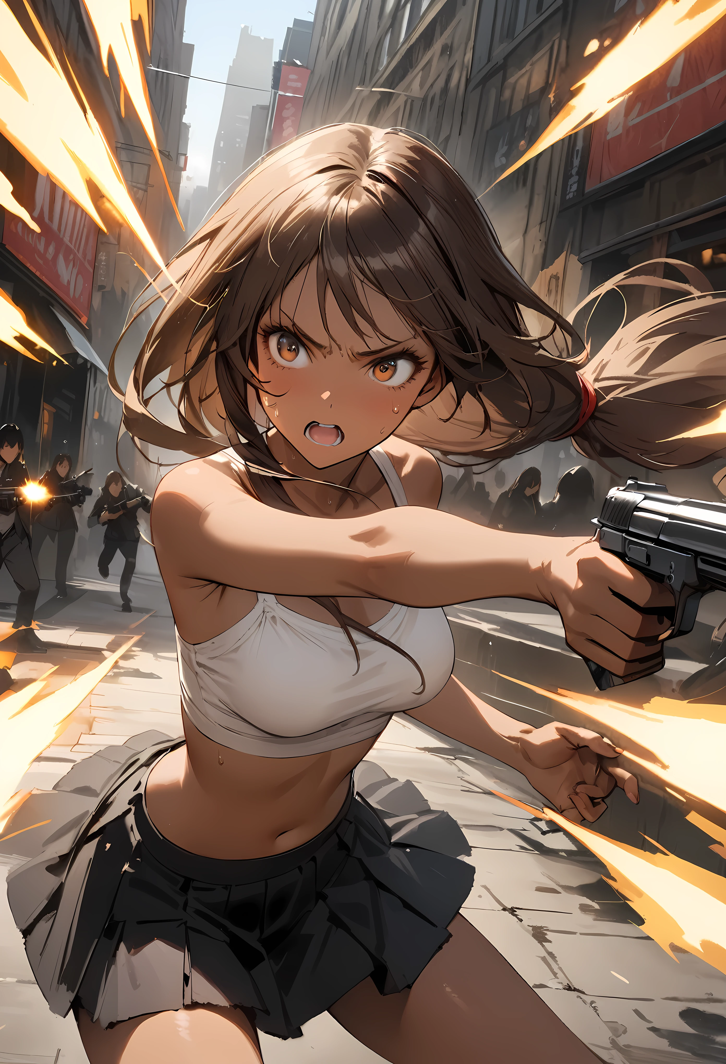 Dynamic gun action scenes、Woman fighting a monster、((masterpiece,Highest quality:1.3,best quality illustration)),(realistic),cowboy shot,solo,1woman,25 year old beauty,brown hair,(low ponytail hair),long hair,bangs,brown eyes,(gorgeous big eyes),((very small head:1.3)),Serious expression,((very long body:1.2,skinny)),((tan skin:1.4)),medium breasts,White tube top shirt、navel,Black pleated mini skirt,((Firing stance、Shoot a gun:1.3)),gleaming skin,slender body,sweat,run、(Multiple roaming monsters)、on street,New York City、Resident Evil World、