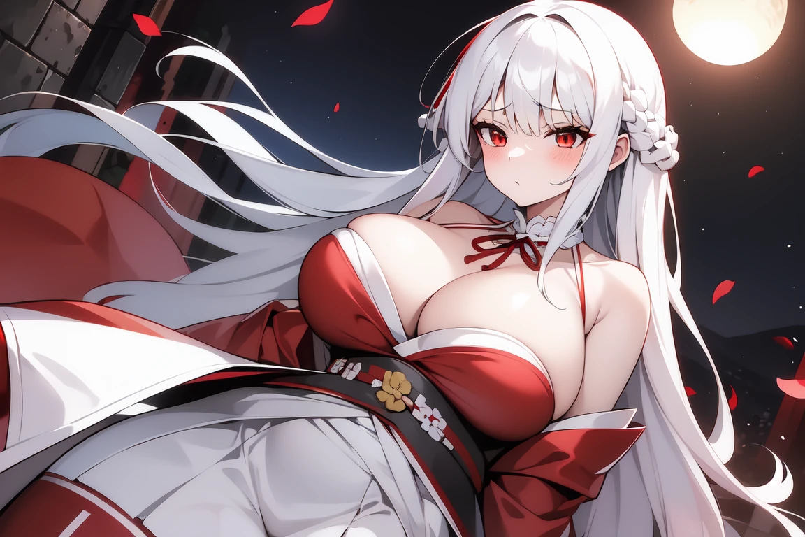 1girl, white hairs, red eyes, white-red kimono, long hair, massive breasts, mature, armored skirt, lake, night, red fabric around neck, cleavage