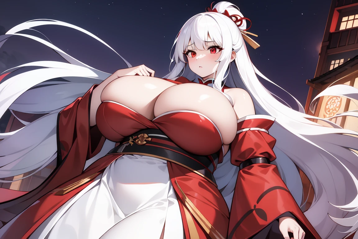 1girl, white hairs, red eyes, white-red kimono, long hair, massive breasts, mature, armored skirt, lake, night, red fabric around neck, cleavage