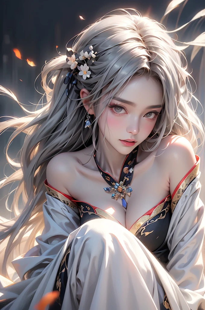 ((Above the knees image:1.3))super high quality, masterpiece, Perfect illustration, Very detailed (Exquisite light and shadow, Very dramatic photo,Backlight) , ((Gray Hair:1.5))1 Girl,(( alone:1.6)), (Wearing Han clothes, Black Hanfu,Monotony,Long sleeve、Gorgeous costumes、Highly decorated Hanfu) Flower Field, Flowers, (White smoke:1.3) (Realistic:1.4), Zen Intertwining, Tangled, Official Art, unity 8k wallpaper, Very detailed, Beautiful and beautiful, masterpiece, Highest quality, (Dynamic Angle: 1.4), Glowing Skin, (Floating colorful flashes: 1) The most beautiful chaotic shapes, elegant, Brutalist Design, Bright colors, Romantic Depth of Field Exotic_dance, half_naked、Expose your shoulders、Ample breasts、Great cleavage、Dynamic pose、Backlight,((from back side))