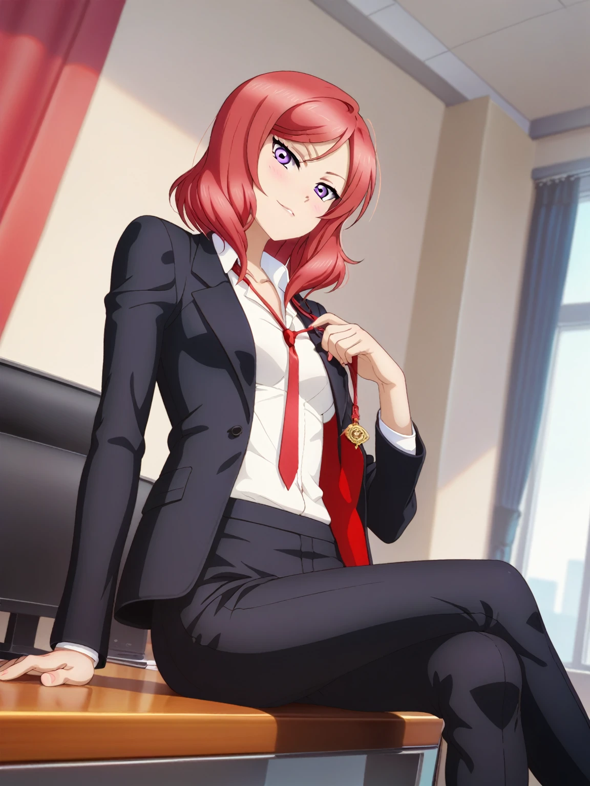 masterpiece, best quality, cowboy shot, nishikino maki,red hair, purple eyes, black formal suit, pants, sitting , crossed legs ,untied neck tie, Sexual seduction, sexualised ,in office 