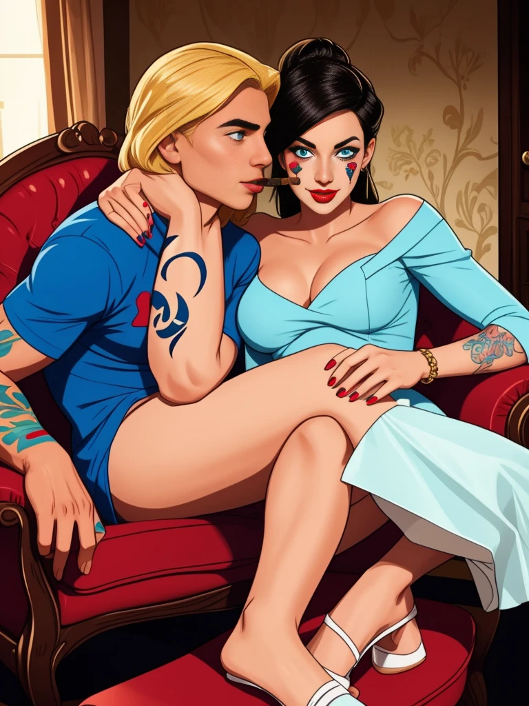 Create a fanart inspired by the following description:
- A blonde woman with blue eyes is sitting in an armchair with her legs crossed.
- She has porcelain skin and rosy lips.
- The setting is a luxurious office.
- Next to her is a muscular and strong man kneeling and kissing her legs. He has burn marks on his arm and the visible part of his face.
- On her opposite side, there is a tall and slim man with black hair and a clown-painted face. He is covered in tattoos and is very attractive.
- The woman is holding a cigar, indicating that she is smoking.