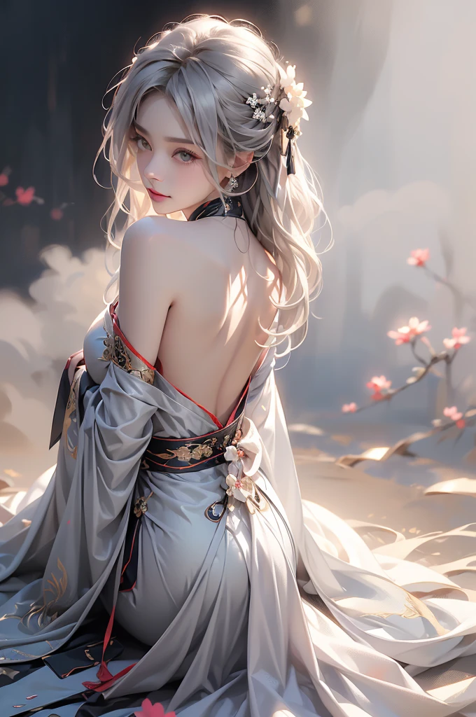 ((Above the knees image:1.3))super high quality, masterpiece, Perfect illustration, Very detailed (Exquisite light and shadow, Very dramatic photo,Backlight) , ((Gray Hair:1.5))1 Girl,(( alone:1.6)), (Wearing Han clothes, Black Hanfu,Monotony,Long sleeve、Gorgeous costumes、Highly decorated Hanfu) Flower Field, Flowers, (White smoke:1.3) (Realistic:1.4), Zen Intertwining, Tangled, Official Art, unity 8k wallpaper, Very detailed, Beautiful and beautiful, masterpiece, Highest quality, (Dynamic Angle: 1.4), Glowing Skin, (Floating colorful flashes: 1) The most beautiful chaotic shapes, elegant, Brutalist Design, Bright colors, Romantic Depth of Field Exotic_dance, half_naked、Expose your shoulders、Ample breasts、Great cleavage、Dynamic pose、Backlight,((from back side))
