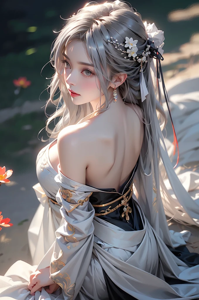 ((Above the knees image:1.3))super high quality, masterpiece, Perfect illustration, Very detailed (Exquisite light and shadow, Very dramatic photo,Backlight) , ((Gray Hair:1.5))1 Girl,(( alone:1.6)), (Wearing Han clothes, Black Hanfu,Monotony,Long sleeve、Gorgeous costumes、Highly decorated Hanfu) Flower Field, Flowers, (White smoke:1.3) (Realistic:1.4), Zen Intertwining, Tangled, Official Art, unity 8k wallpaper, Very detailed, Beautiful and beautiful, masterpiece, Highest quality, (Dynamic Angle: 1.4), Glowing Skin, (Floating colorful flashes: 1) The most beautiful chaotic shapes, elegant, Brutalist Design, Bright colors, Romantic Depth of Field Exotic_dance, half_naked、Expose your shoulders、Ample breasts、Great cleavage、Dynamic pose、Backlight,((from back side))
