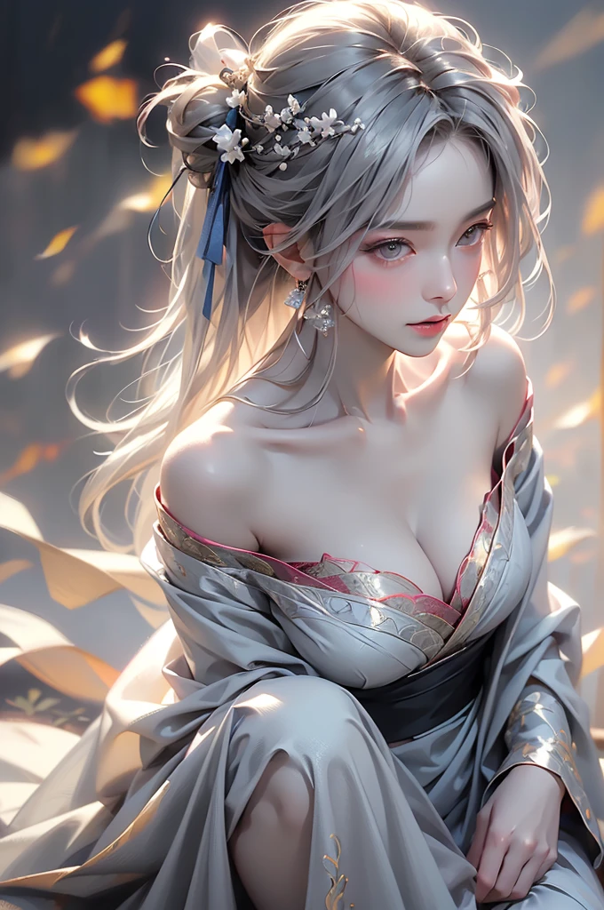 ((Above the knees image:1.3))super high quality, masterpiece, Perfect illustration, Very detailed (Exquisite light and shadow, Very dramatic photo,Backlight) , ((Gray Hair:1.5))1 Girl,(( alone:1.6)), (Wearing Han clothes, Black Hanfu,Monotony,Long sleeve、Gorgeous costumes、Highly decorated Hanfu) Flower Field, Flowers, (White smoke:1.3) (Realistic:1.4), Zen Intertwining, Tangled, Official Art, unity 8k wallpaper, Very detailed, Beautiful and beautiful, masterpiece, Highest quality, (Dynamic Angle: 1.4), Glowing Skin, (Floating colorful flashes: 1) The most beautiful chaotic shapes, elegant, Brutalist Design, Bright colors, Romantic Depth of Field Exotic_dance, half_naked、Expose your shoulders、Ample breasts、Great cleavage、Dynamic pose、Backlight,((from back side))