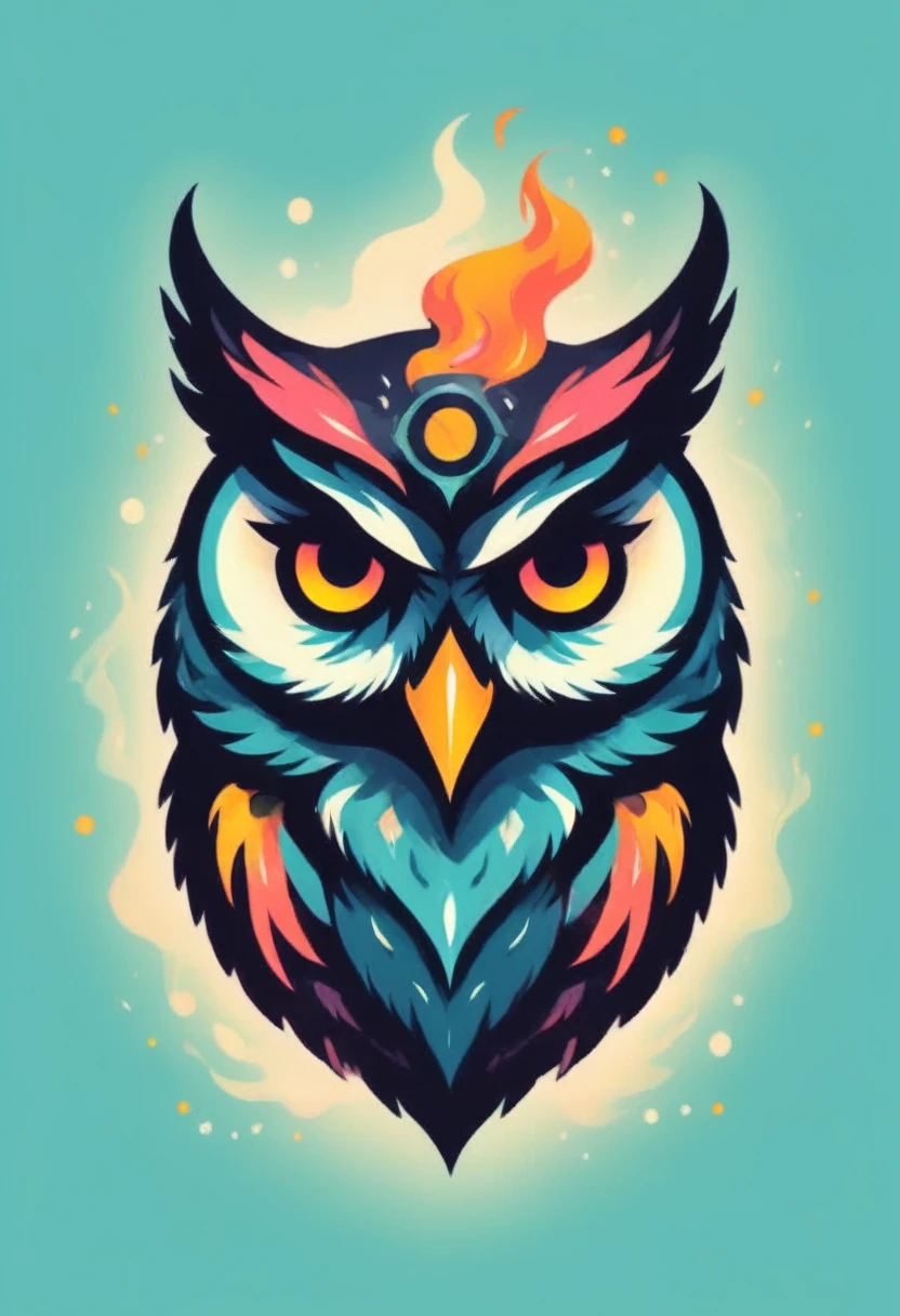 Create an illustration on owl type monster with fire, mask type, colorful tattoo design, logo type, t-shirt design, pastel painting type, deep border, clear lines, bright lights, high contrast and sharpness,