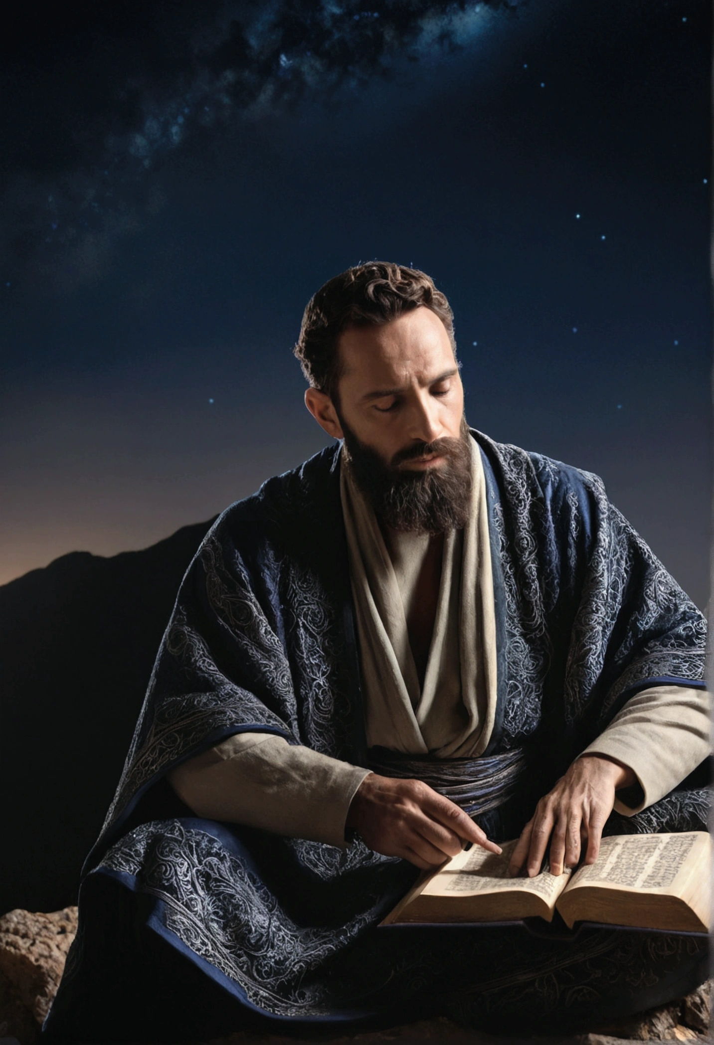 intricate detailed portrait of a Hebrew man, sitting on a mountain, reading an ancient scroll, under a starry night sky, cinematic lighting, chiaroscuro lighting, dramatic moody lighting, highly detailed facial features, expressive eyes, beard, ornate robes, detailed textures, intricate folds, studio lighting, 8k, photorealistic, hyperrealistic, masterpiece, hyper detailed