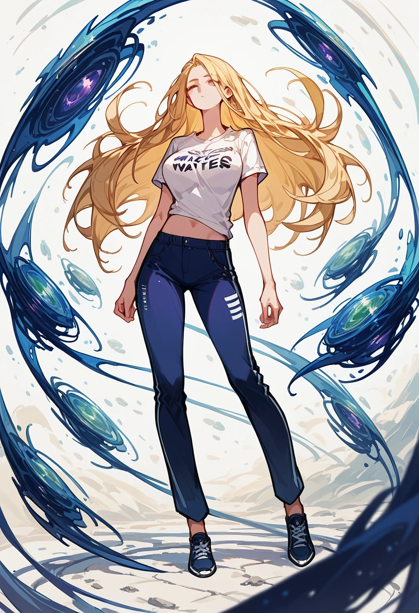 Masterpiece, best quality, Masterpiece, best quality, 1 woman, long blonde hair , purple cropped t-shirt , ยีนส์Long legs , Unbutton your pants.. , big breasts , abdomen , Long legs , shoe , floating body , Stretch your arms and legs.. , space , free gravity , darkness , full body