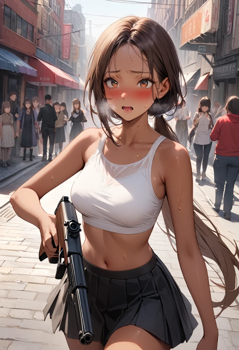 Dynamic gun action scenes、Woman shooting down zombieasterpiece,Highest quality:1.3,best quality illustration)),(realistic),cowboy shot,独奏,1woman,25 year old beauty,brown hair,(low ponytail hair),long hair,bangs,brown eyes,(gorgeous big eyes),((very small head:1.3)),blush,Heavy breathing,((very long body:1.2,skinny)),((tan skin:1.4)),medium breasts,White tube top shirt、navel,Black pleated mini skirt,((Raise a gun)),gleaming skin,slender body,sweat,standing,on street,New York City、Resident Evil World、