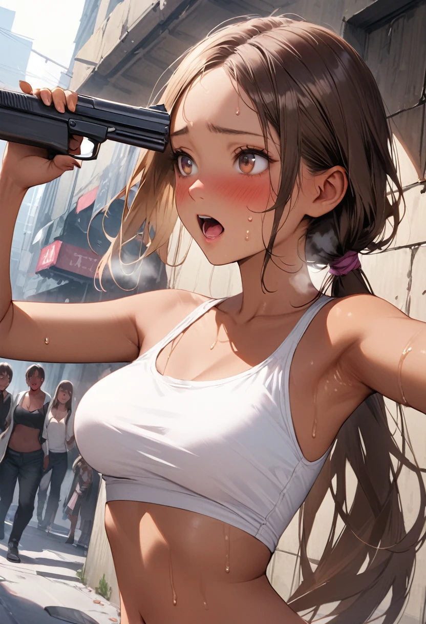 high-key and low-variance brightness scale,soft light,realistic light and shadow,light and dark interlaced,(aiming at viewer:1.4),looking at viewer,dramatic angle,(solo:1.6)
(masterpiece),(best quality),(highres),(by famous artist),(((official art))),(by Paul Hedley),(illustration),
1girl,(frieren:1.6),(elf:1.4),fashionable female
(small breasts:1.3),(underboob:1.5),(whole body),(round face),(pointy ears),(slim legs),(skinny body),(detailed beautiful face),lustrous skin,shiny skin,(articulated fingers),(sweat),navel,midriff,thick lips
(white tank top:1.4),(thong:1.4),(frayed denim shorts),(white socks),(sport shoes),(off shoulders),(belly chain),belt,hair ornament,heart-shaped earrings,silver bracelet,black choker
indoor,(clothing store:1.4),(multiple clothes),small items on display,various accessories,jewelry,earrings,makeup,collarbone necklace,headpiece,
((seductive smile)),blush,((standing)),(pointing pistol:1.4),
(sunglasses:1.2),(green eyes)
(white hair),long hair,twintails,parted bangs,(reflective hair),