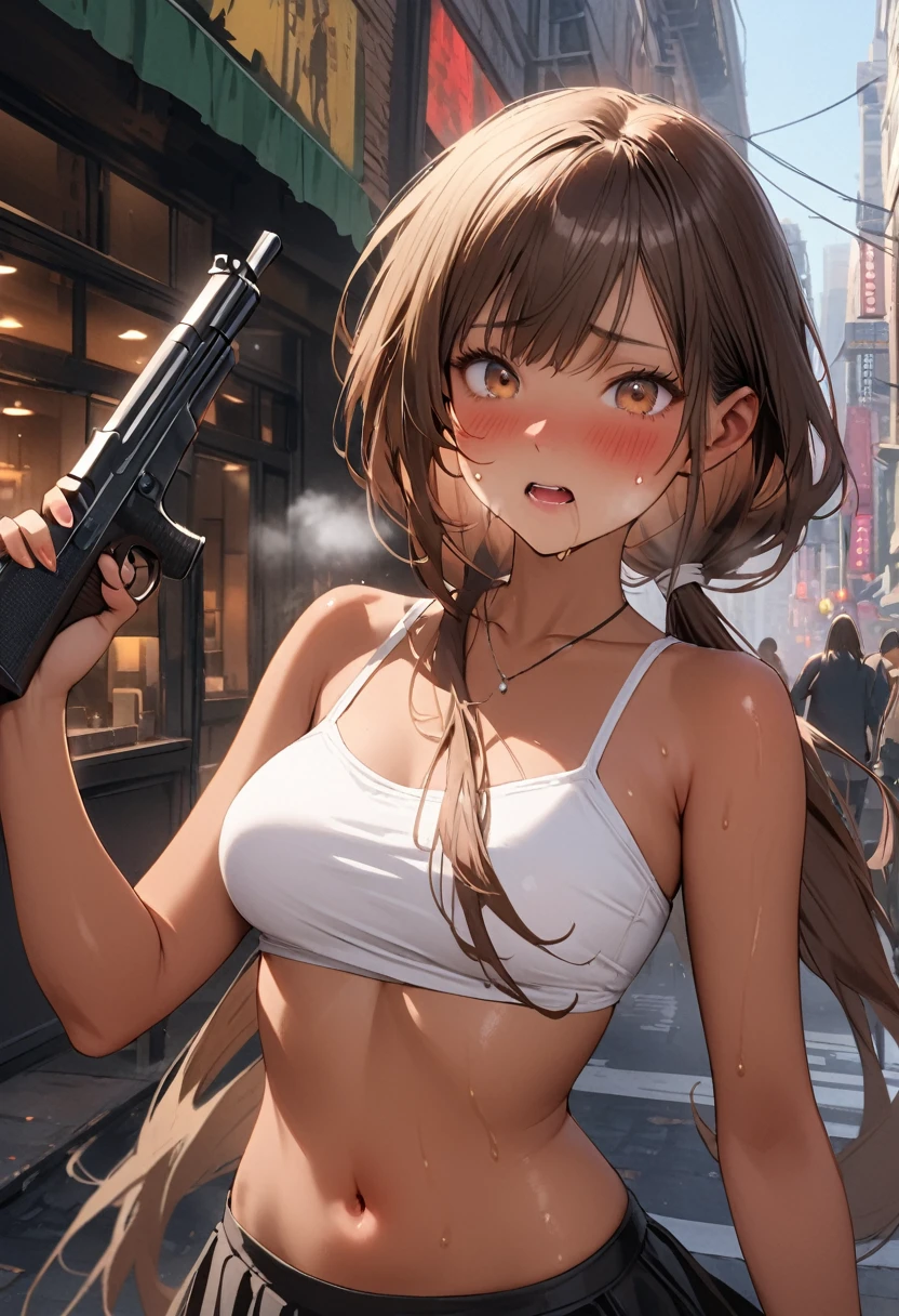 Dynamic gun action scenes、Woman shooting down zombieasterpiece,Highest quality:1.3,best quality illustration)),(realistic),cowboy shot,独奏,1woman,25 year old beauty,brown hair,(low ponytail hair),long hair,bangs,brown eyes,(gorgeous big eyes),((very small head:1.3)),blush,Heavy breathing,((very long body:1.2,skinny)),((tan skin:1.4)),medium breasts,White tube top shirt、navel,Black pleated mini skirt,((Raise a gun)),gleaming skin,slender body,sweat,standing,on street,New York City、Resident Evil World、
