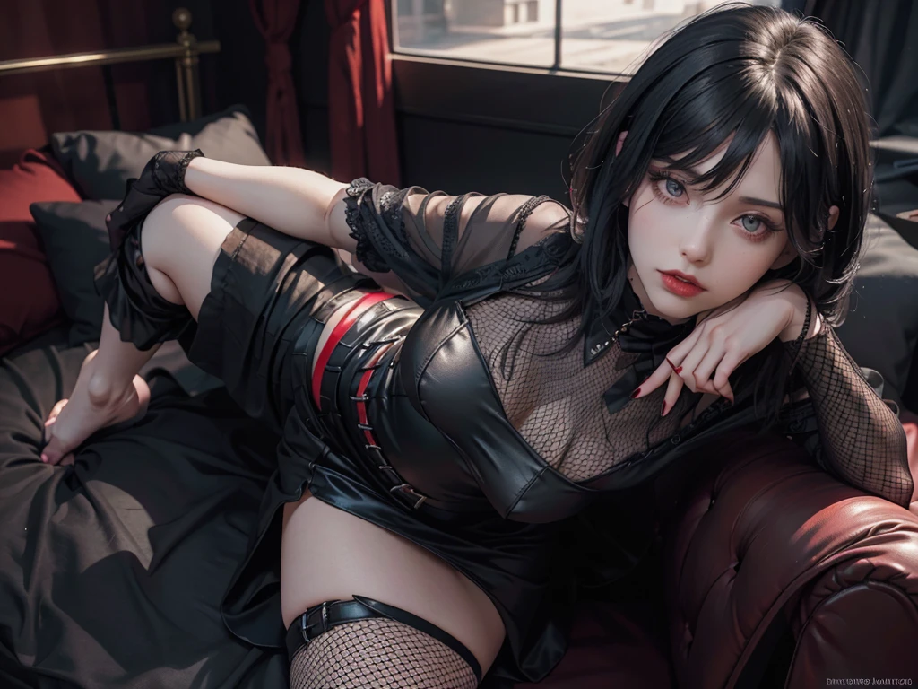 (best quality,highres),(realistic:1.37),dark,goth,woman, eyes,detailed face,black clothes,bobcut black hair,straight bangs,pale skin,red lipstick,intense expression,mysterious atmosphere,gothic background,dim lighting,night,vivid colors, fishnets, topless, fullbody, on her hands and knees, submissive girl, thick thigs, imminent deepthroat, cumshot pose,