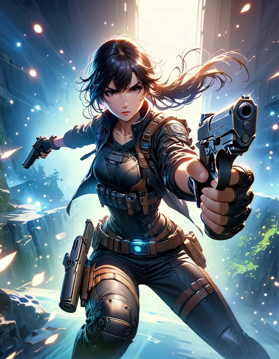 a beautiful detailed anime girl, long dark black hair, dual handguns, tight black outfit, striking action pose, dynamic cinematic lighting, 8k, photorealistic, digital art, concept art style