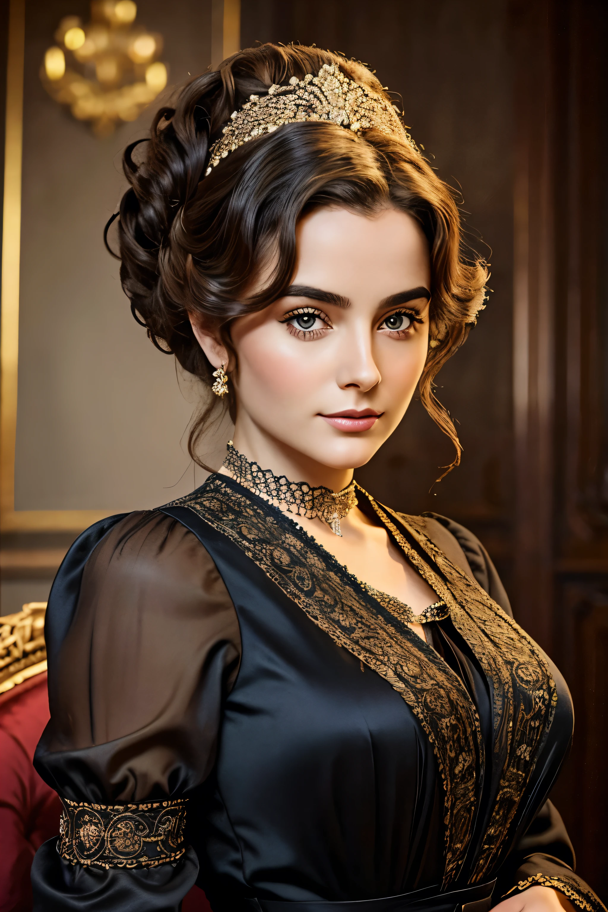 "A masterful hyperrealistic photo of a timeless beauty that exudes the essence of a Gibson Girl in her prime. Her luxurious upswept hair is adorned with exquisite ornaments, and her deep necked blouse accentuates her graceful curves. The intricate details of her attire and facial features are rendered with incredible precision. adding a touch of quirkiness to this otherwise classic portrait
photo"