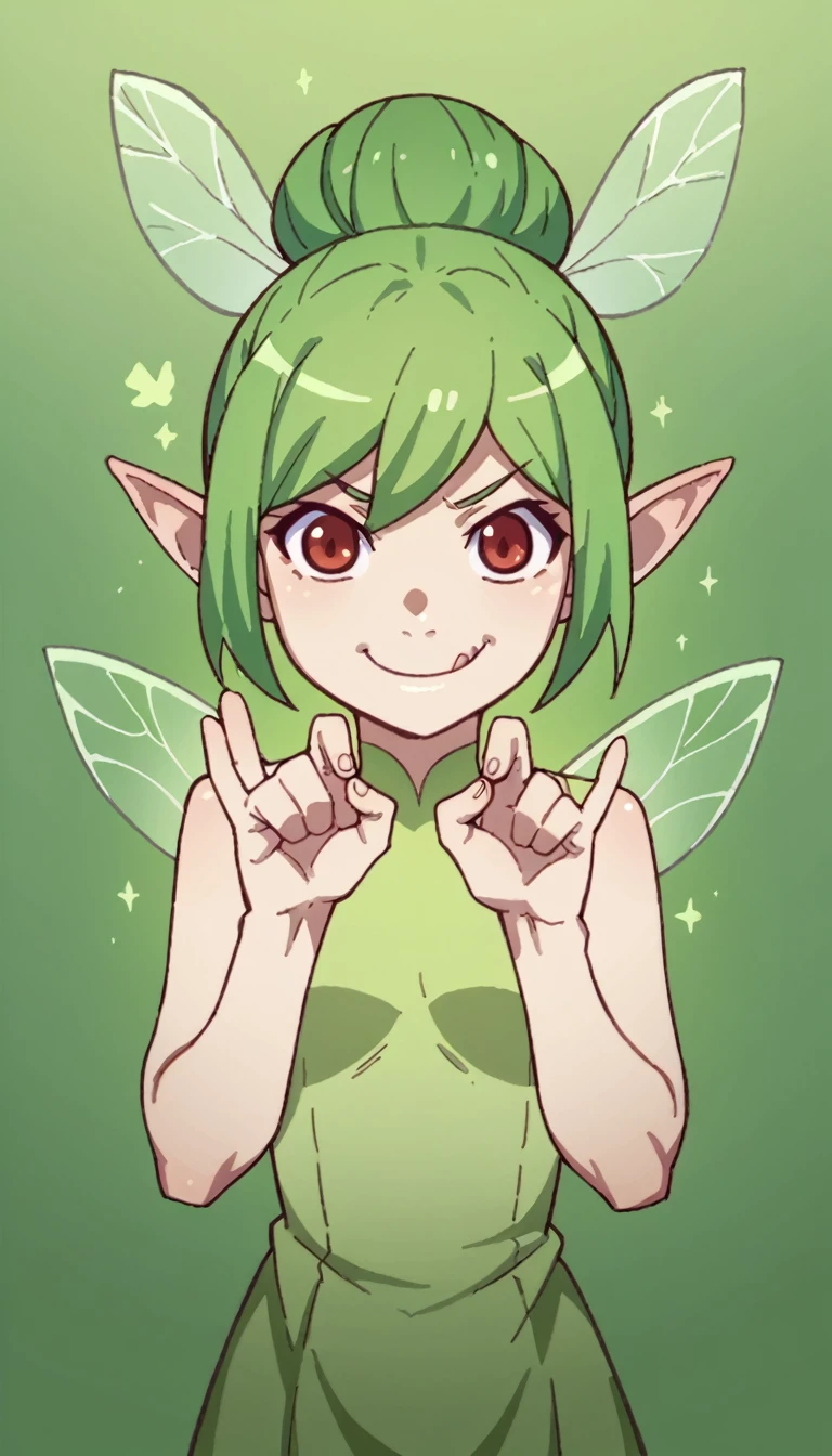 fairy girl, shady, green fairy, smol, cute, kawaii, The word yes, smirking, cocky, emote, character portrait, victory pose