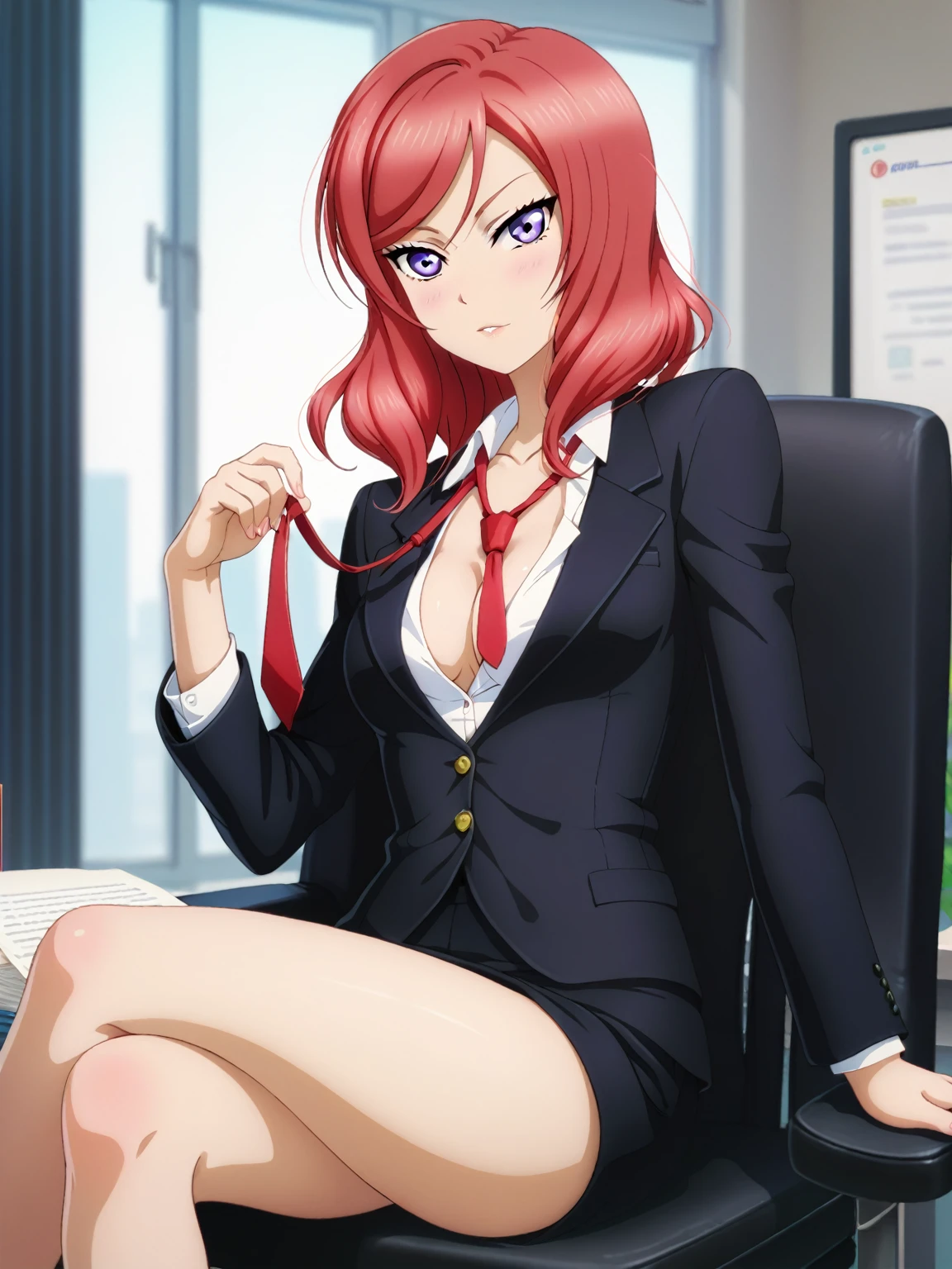 masterpiece, best quality, cowboy shot, nishikino maki,red hair, purple eyes, black formal suit, pants, sitting , crossed legs ,untied neck tie, Sexual seduction, sexualised, cleavage ,in office 