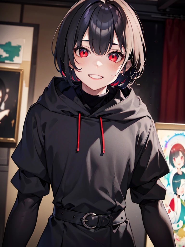 A young man with short black hair below his ears, red eyes, black clothes and looking straight ahead with a wide smile, happy to see the love of his life (Neutral colors: 1.2), (HDR: 1.4), (Soft colors:1.2), hyperdetailed, (art station:1.4), cinematographic, warm lights, dramatic light, (intricate details:1.1), complex background, (rutkowski:0.66), (blue and orange:0.4)