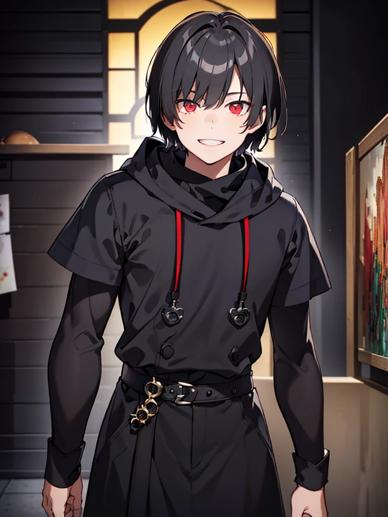 A young man with short black hair below his ears, red eyes, black clothes and looking straight ahead with a wide smile, happy to see the love of his life (Neutral colors: 1.2), (HDR: 1.4), (Soft colors:1.2), hyperdetailed, (art station:1.4), cinematographic, warm lights, dramatic light, (intricate details:1.1), complex background, (rutkowski:0.66), (blue and orange:0.4)