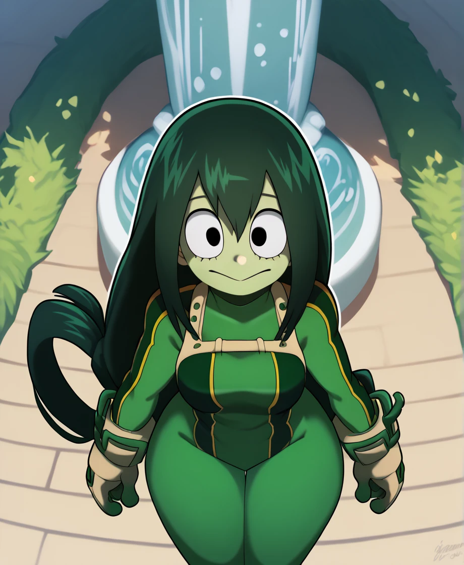 score_9_above, score_8_above, score_7_above, cowboy shot, 1 girl, asui tsuyu\(Boku no hero academia\), green fur, very long hair, Long hair tied low, tied hair, black eyes, Wide hips, medium breasts, smiling, 
, fountain_cheered up, cheered up style